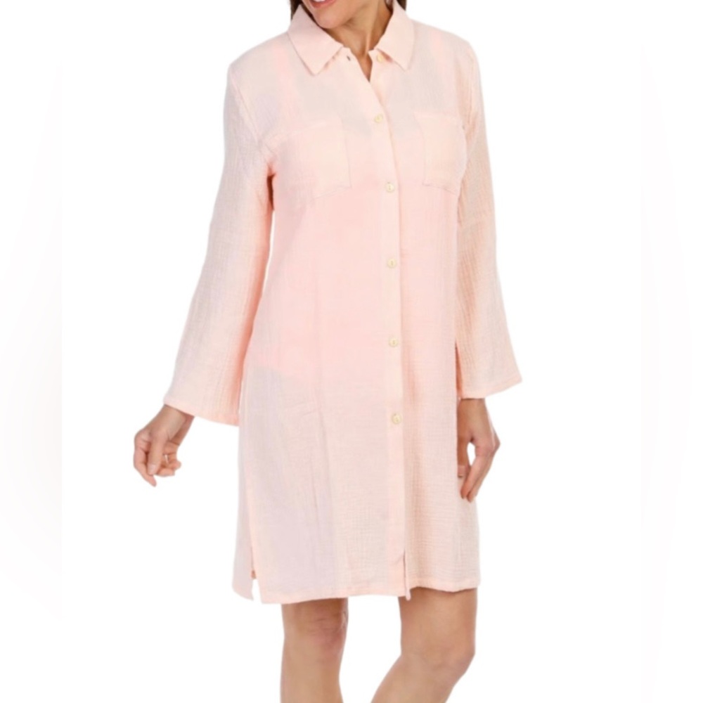 Nicole Miller Crinkle Chiffon Lightweight Beach Cover Up Shirt Dress Sz S Peach